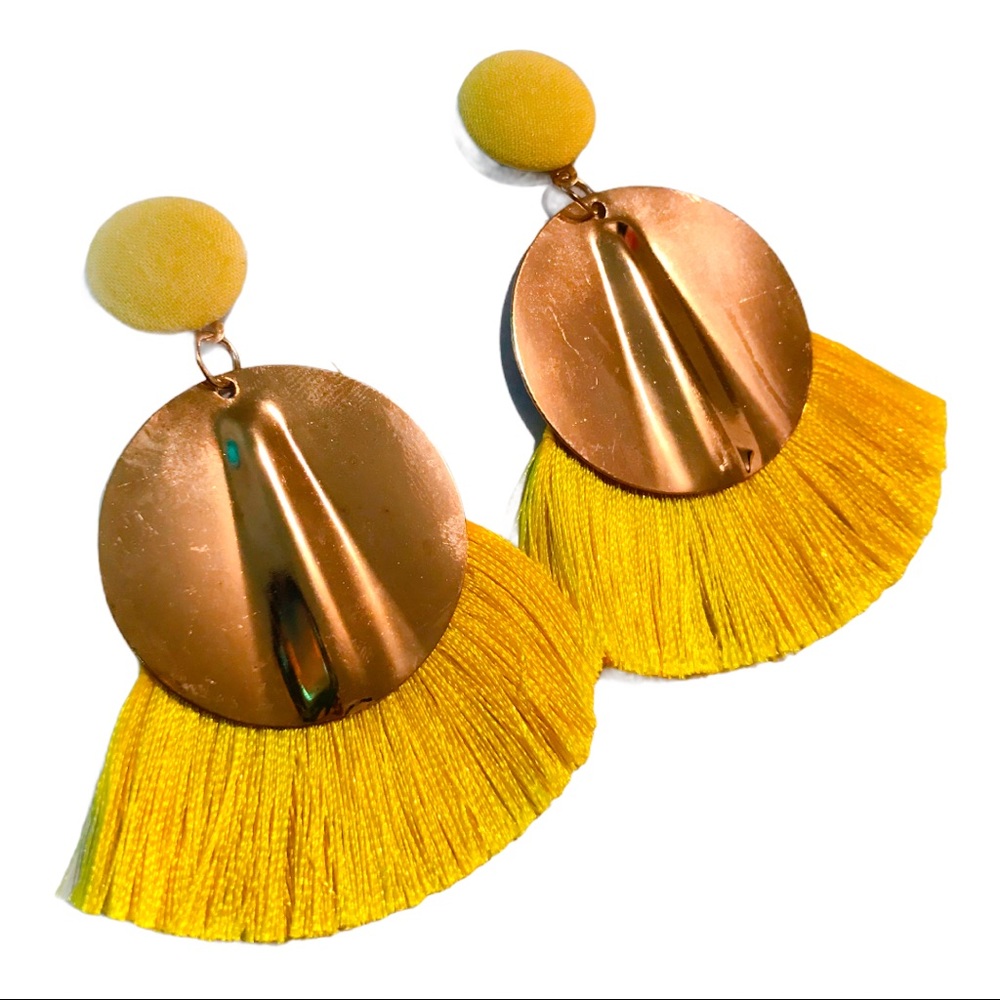 Gold Tone Circle Yellow Tassel Earrings